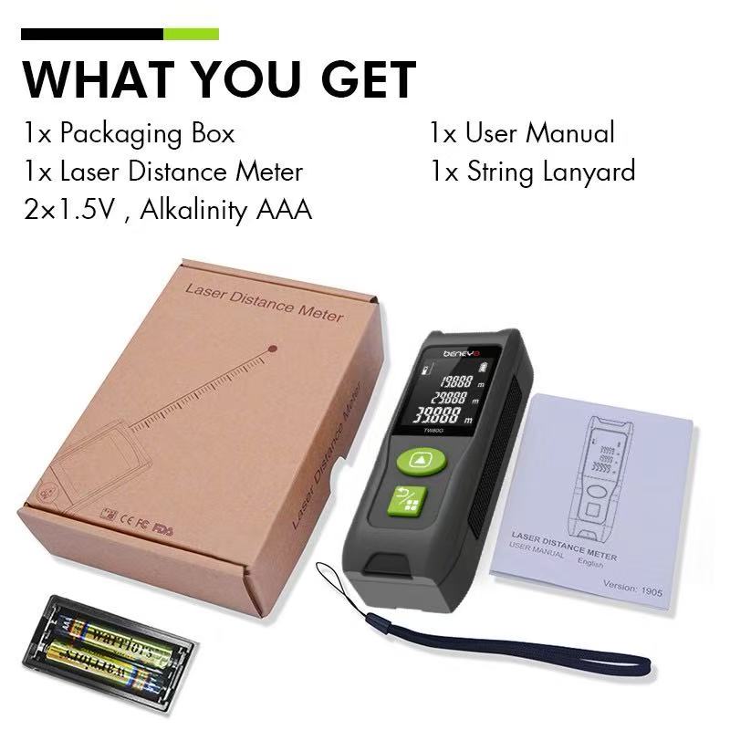 Beneya Professional 262ft/80m Laser Measurement Tool Green Beam, Digital Laser Measure Meter LCD Backlit Display, m/ft/in, Area and Volume