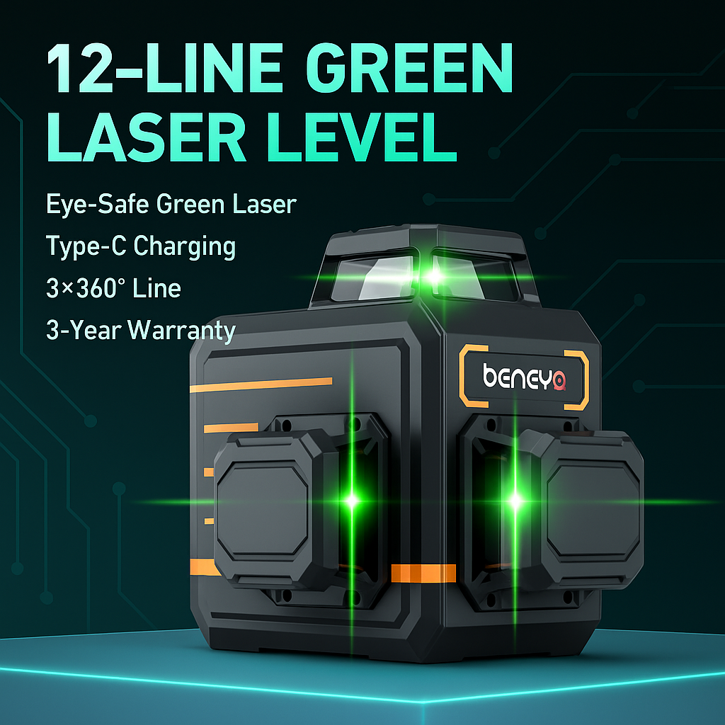 Beneya 12-line 3×360° green beam laser level with light intensity adjustment function, rechargeable lithium battery (Type-C interface), and automatic leveling tools for horizontal and vertical.