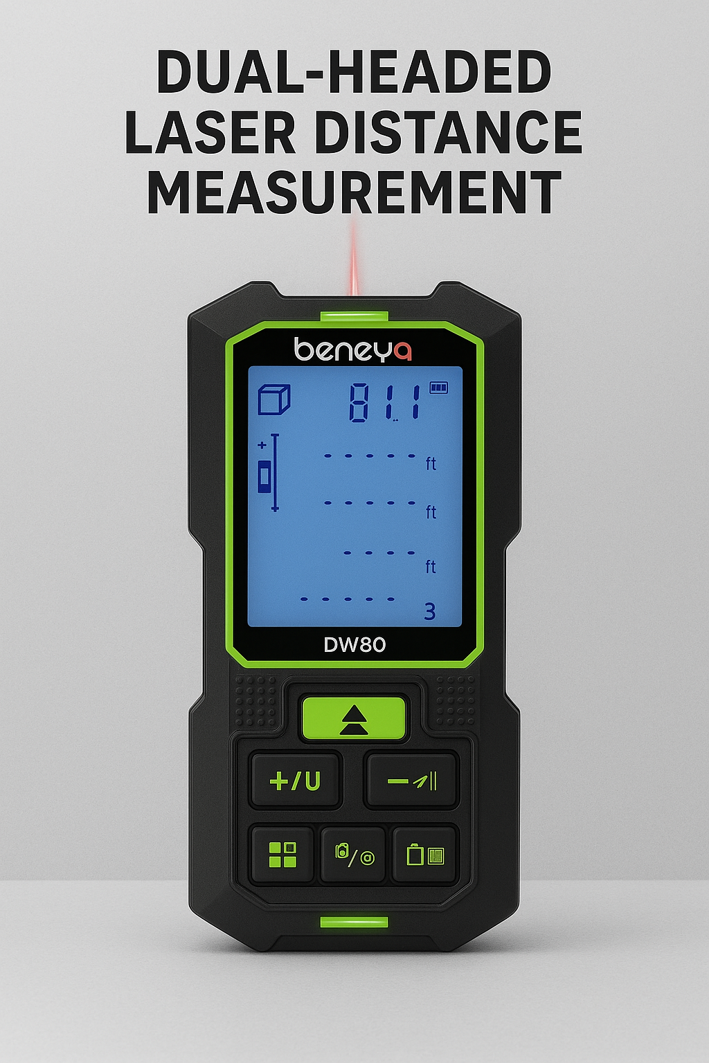 Beneya Professional 262ft/80m Laser Measurement Tool of double head Red Beam, Digital Laser Measure Meter LCD Backlit Display, m/ft/in, Area and Volume