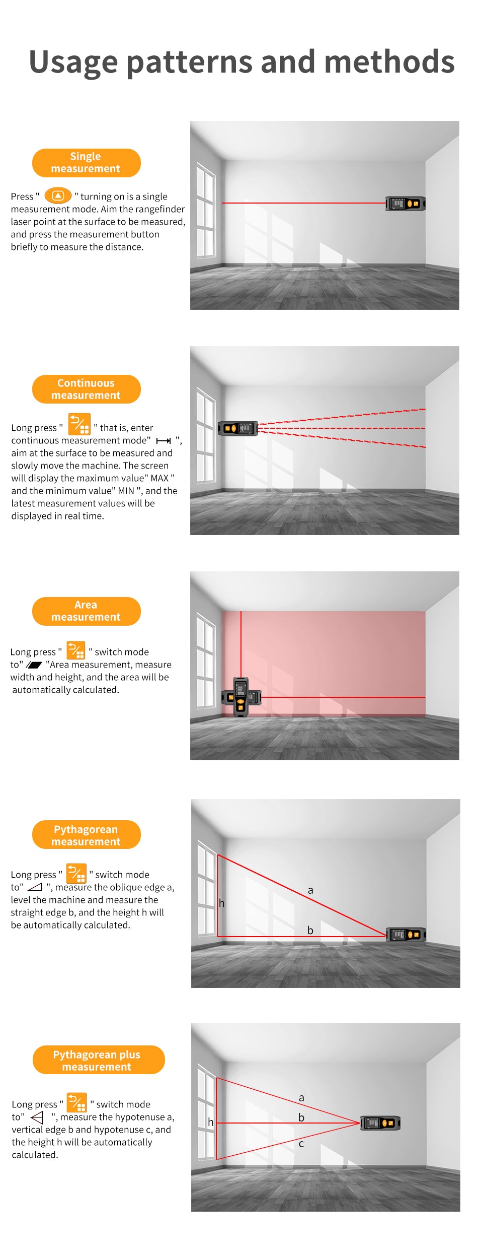 Beneya Professional 328ft/100m Laser Measurement Tool Red Beam, Digital Laser Measure Meter LCD Backlit Display, m/ft/in, Area and Volume