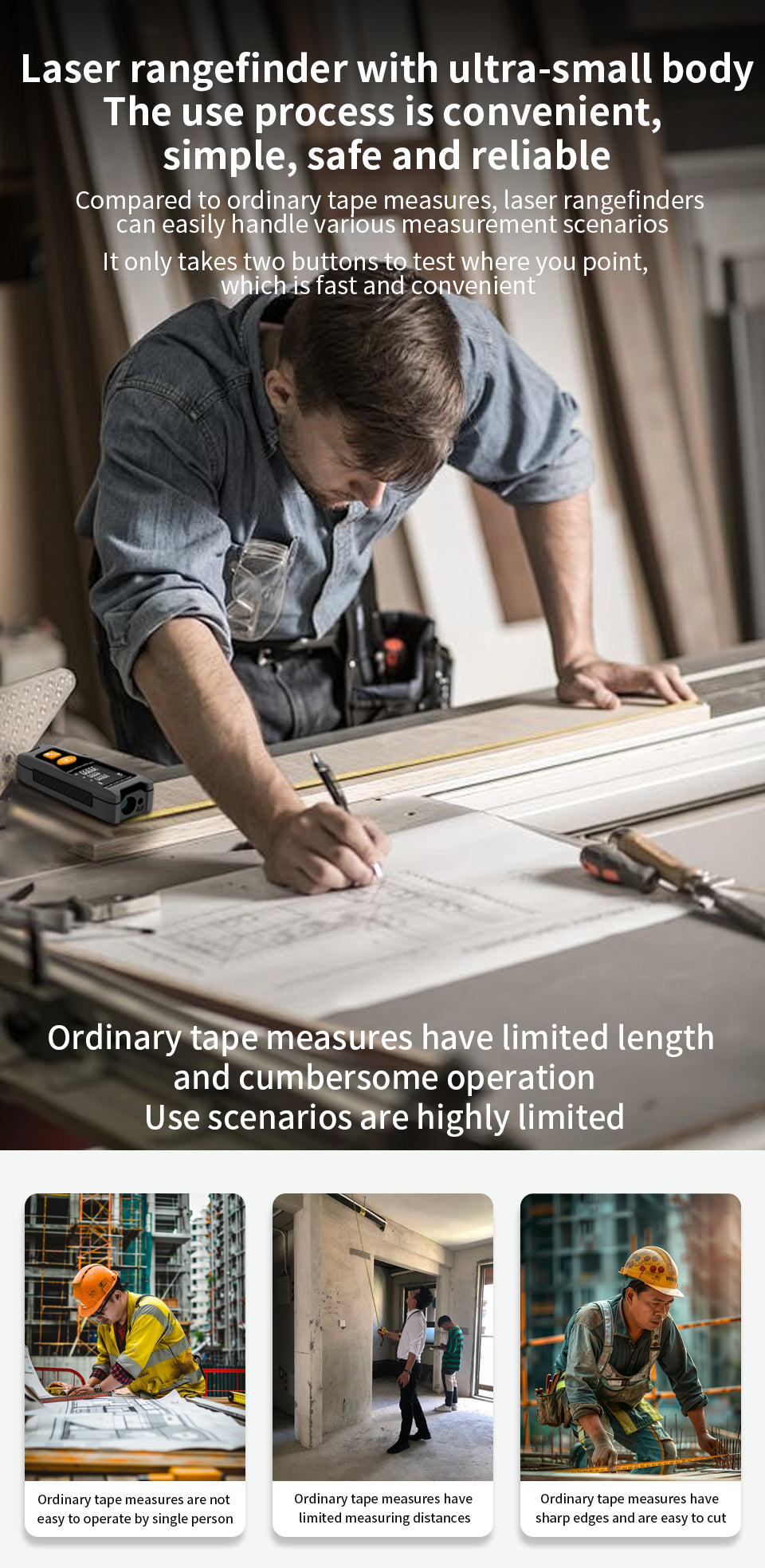 Beneya Professional 328ft/100m Laser Measurement Tool Red Beam, Digital Laser Measure Meter LCD Backlit Display, m/ft/in, Area and Volume