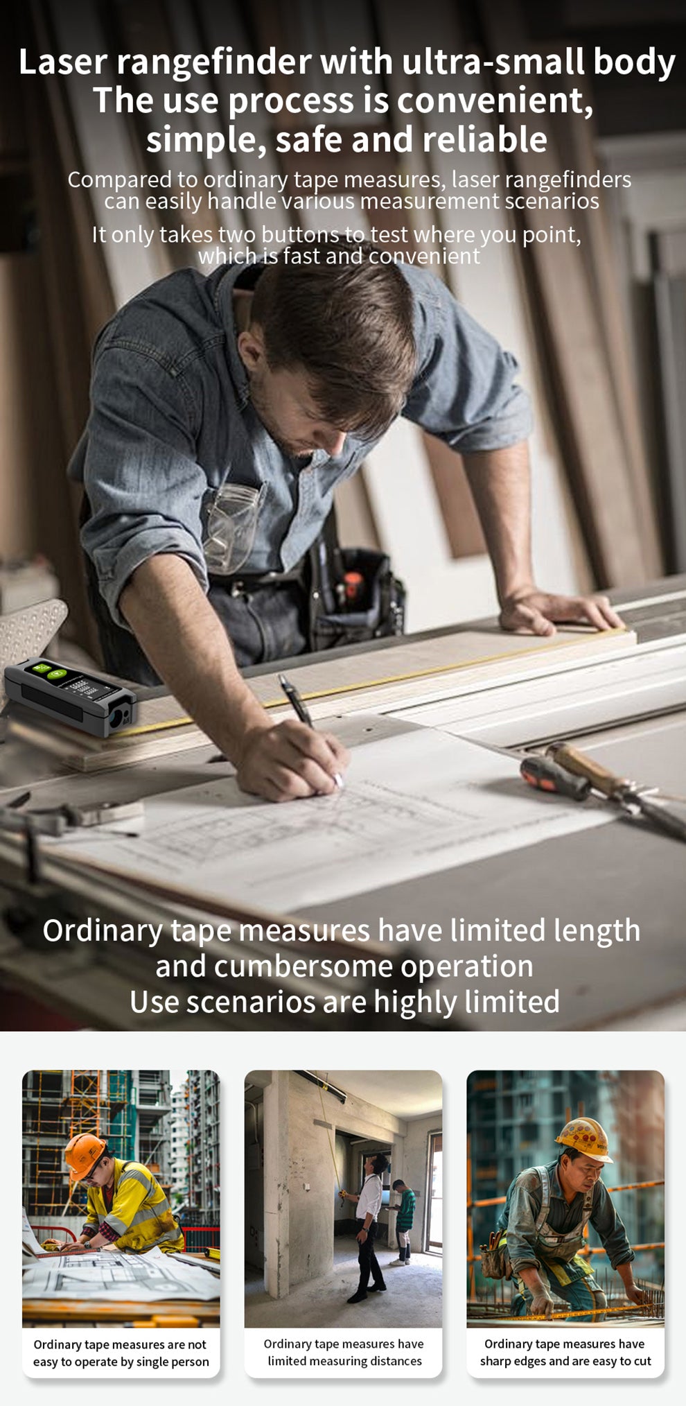 Beneya Professional 262ft/80m Laser Measurement Tool Green Beam, Digital Laser Measure Meter LCD Backlit Display, m/ft/in, Area and Volume